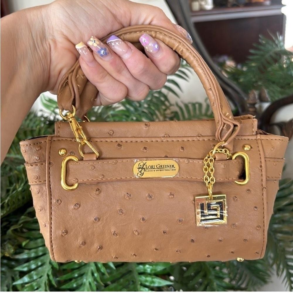 Lori Greiner faux ostrich tan mini handbag with gold accents, For Your Ease Only